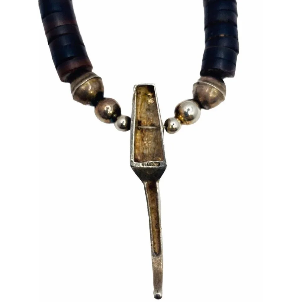 Vintage Navajo Handmade Silver Turquoise Pipestone Beaded Necklace Claw Pendant - Picture 8 of 13
